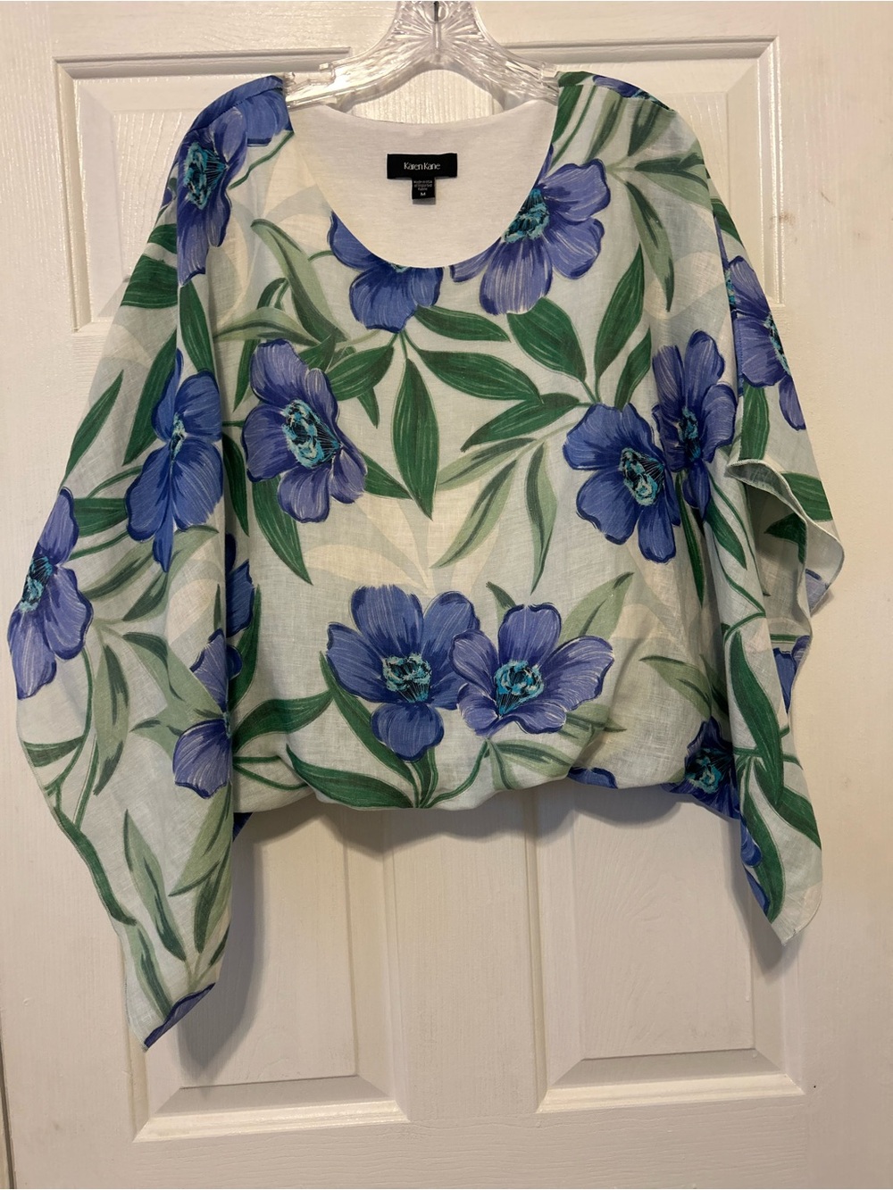 Karen Kane White Floral Linen-Blend Scoop Neck Top with Blue Flowers